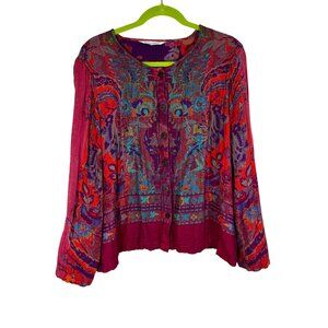 Colorful Floral Knit Sweater Cardigan Pink L Cottage Boho Indie Folk Feminine